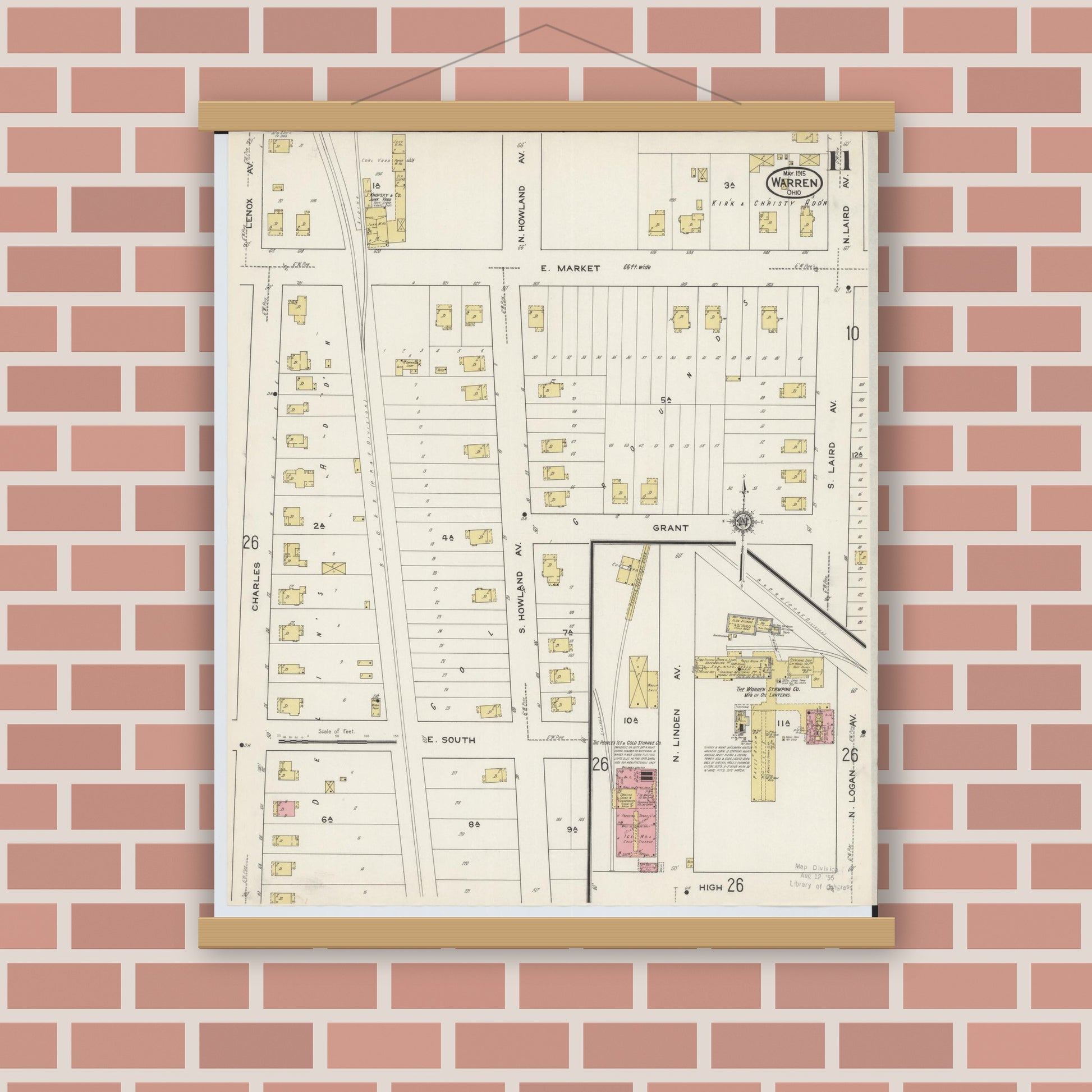 Old map wall art mockup — magnetic wood frame on brick wall — Sanborn Fire Insurance Map from Warren, Trumbull County, Ohio (1915), Sheet #0011