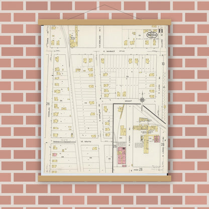 Old map wall art mockup — magnetic wood frame on brick wall — Sanborn Fire Insurance Map from Warren, Trumbull County, Ohio (1915), Sheet #0011