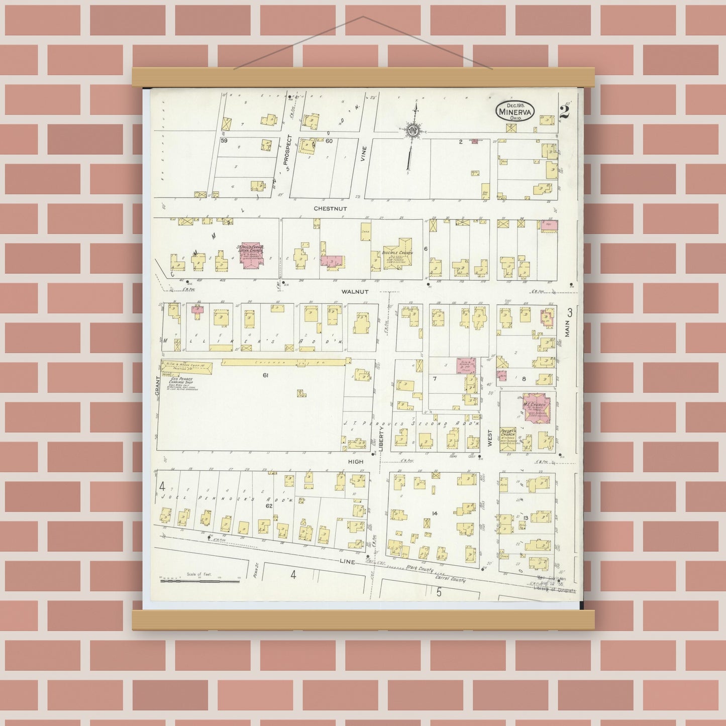 Old map wall art mockup — magnetic wood frame on brick wall — Sanborn Fire Insurance Map from Minerva, Stark And Carroll Counties, Ohio (1915), Sheet #0002