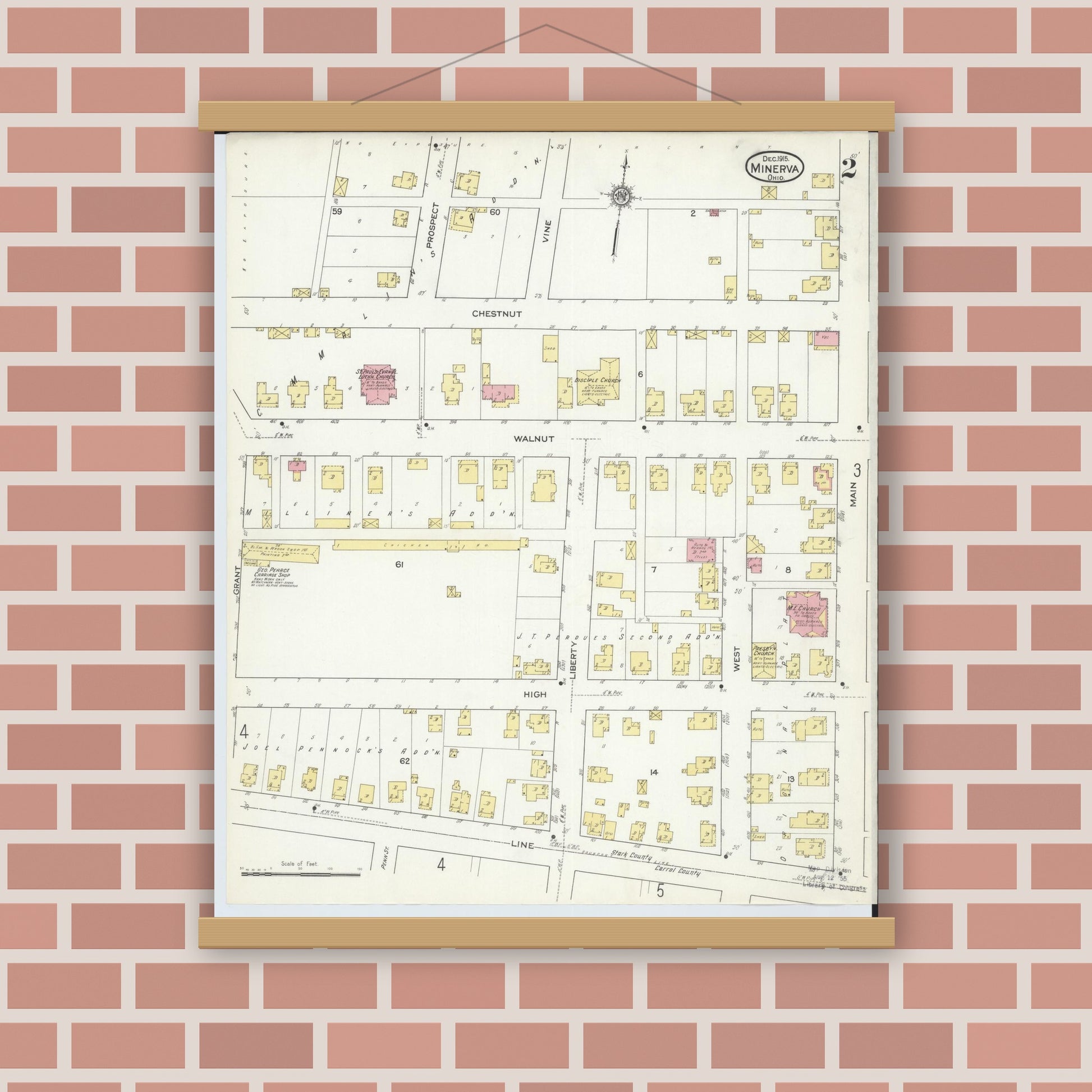 Old map wall art mockup — magnetic wood frame on brick wall — Sanborn Fire Insurance Map from Minerva, Stark And Carroll Counties, Ohio (1915), Sheet #0002