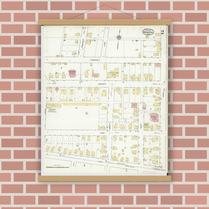 Old map wall art mockup — magnetic wood frame on brick wall — Sanborn Fire Insurance Map from Minerva, Stark And Carroll Counties, Ohio (1915), Sheet #0002