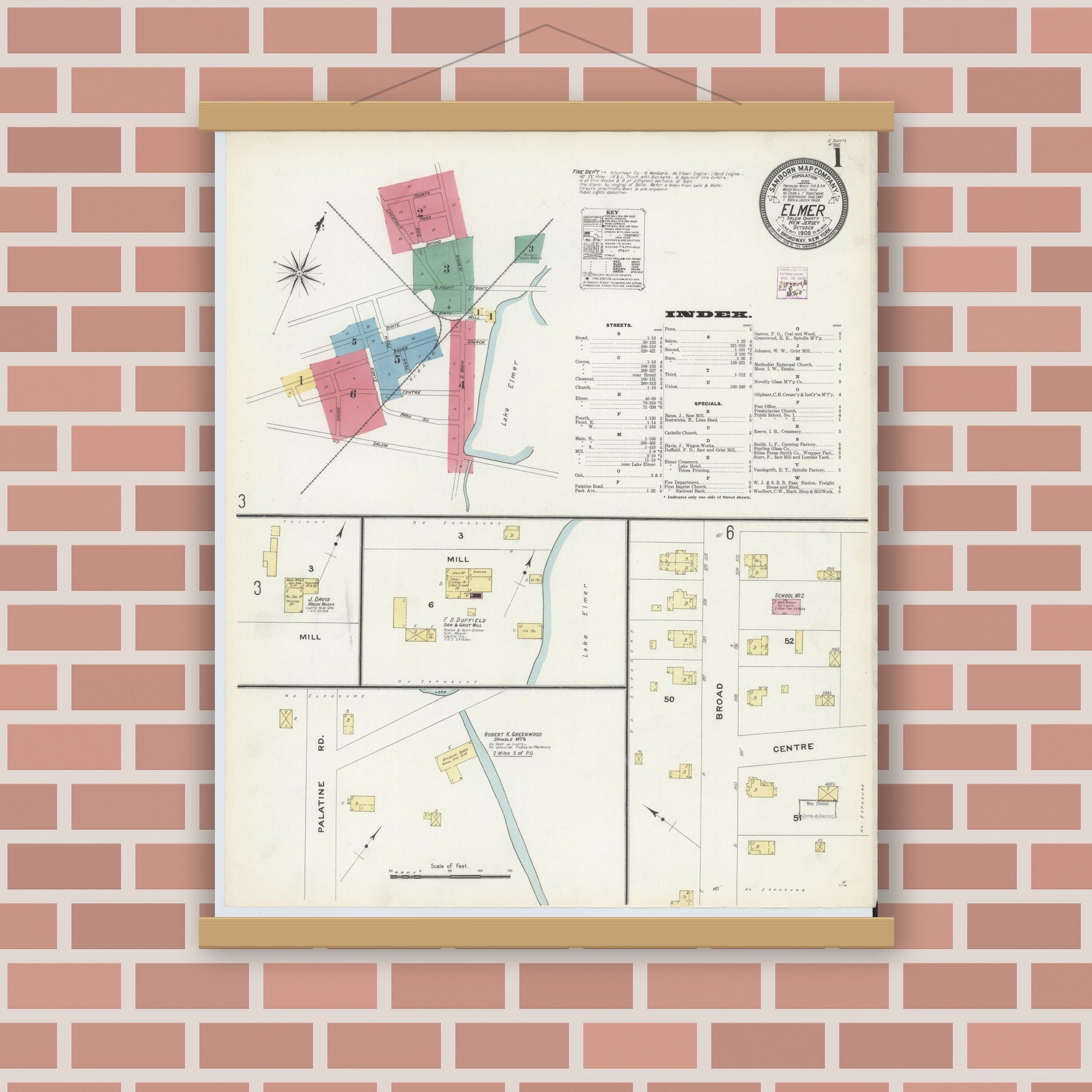 Old map wall art mockup — magnetic wood frame on brick wall — Sanborn Fire Insurance Map from Elmer, Salem County, New Jersey (1908) - Complete Map Set
