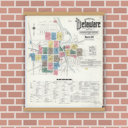 Old map wall art mockup — magnetic wood frame on brick wall — Sanborn Fire Insurance Map from Delaware, Delaware County, Ohio (1911) - Complete Map Set