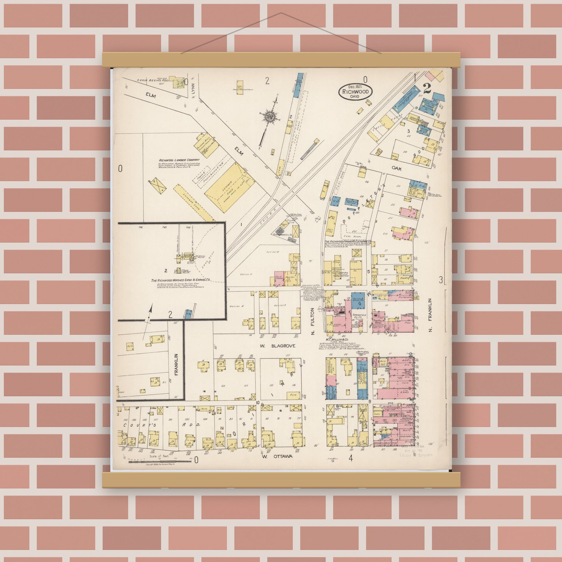 Old map wall art mockup — magnetic wood frame on brick wall — Sanborn Fire Insurance Map from Richwood, Union County, Ohio (1921), Sheet #0002