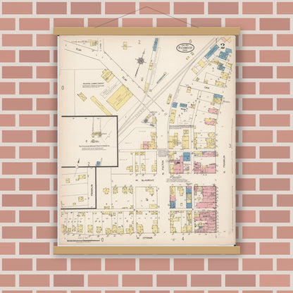 Old map wall art mockup — magnetic wood frame on brick wall — Sanborn Fire Insurance Map from Richwood, Union County, Ohio (1921), Sheet #0002