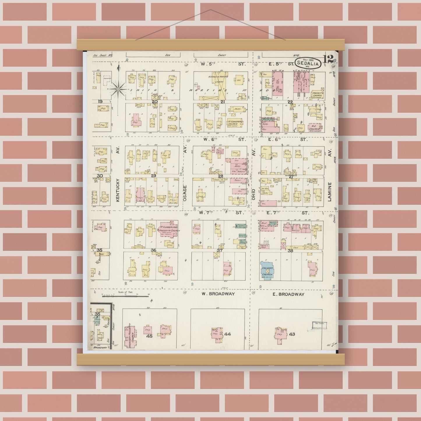 Old map wall art mockup — magnetic wood frame on brick wall — Sanborn Fire Insurance Map from Sedalia, Pettis County, Missouri (1888), Sheet #0012