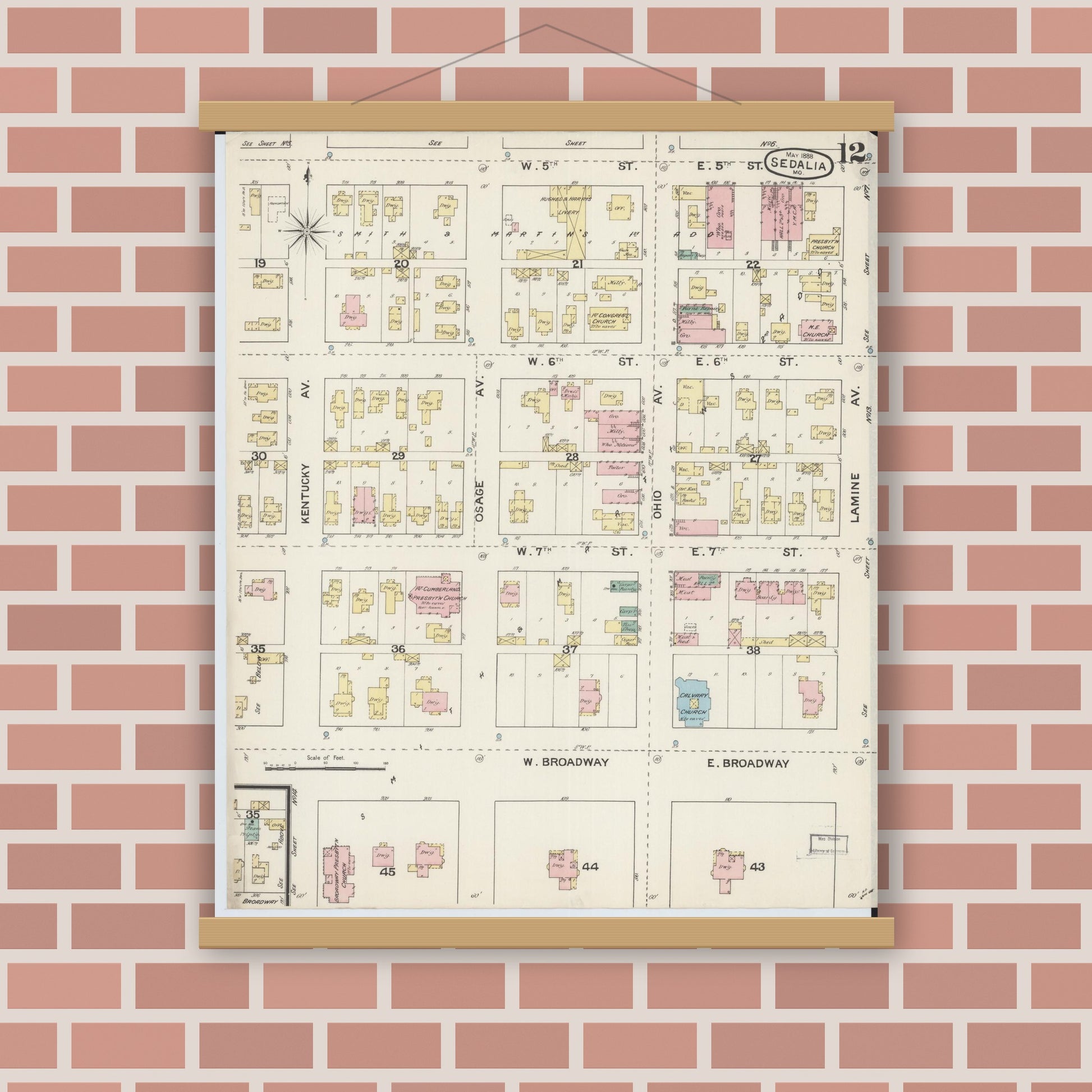 Old map wall art mockup — magnetic wood frame on brick wall — Sanborn Fire Insurance Map from Sedalia, Pettis County, Missouri (1888), Sheet #0012