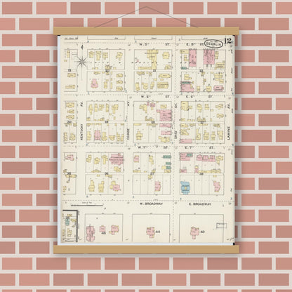 Old map wall art mockup — magnetic wood frame on brick wall — Sanborn Fire Insurance Map from Sedalia, Pettis County, Missouri (1888), Sheet #0012