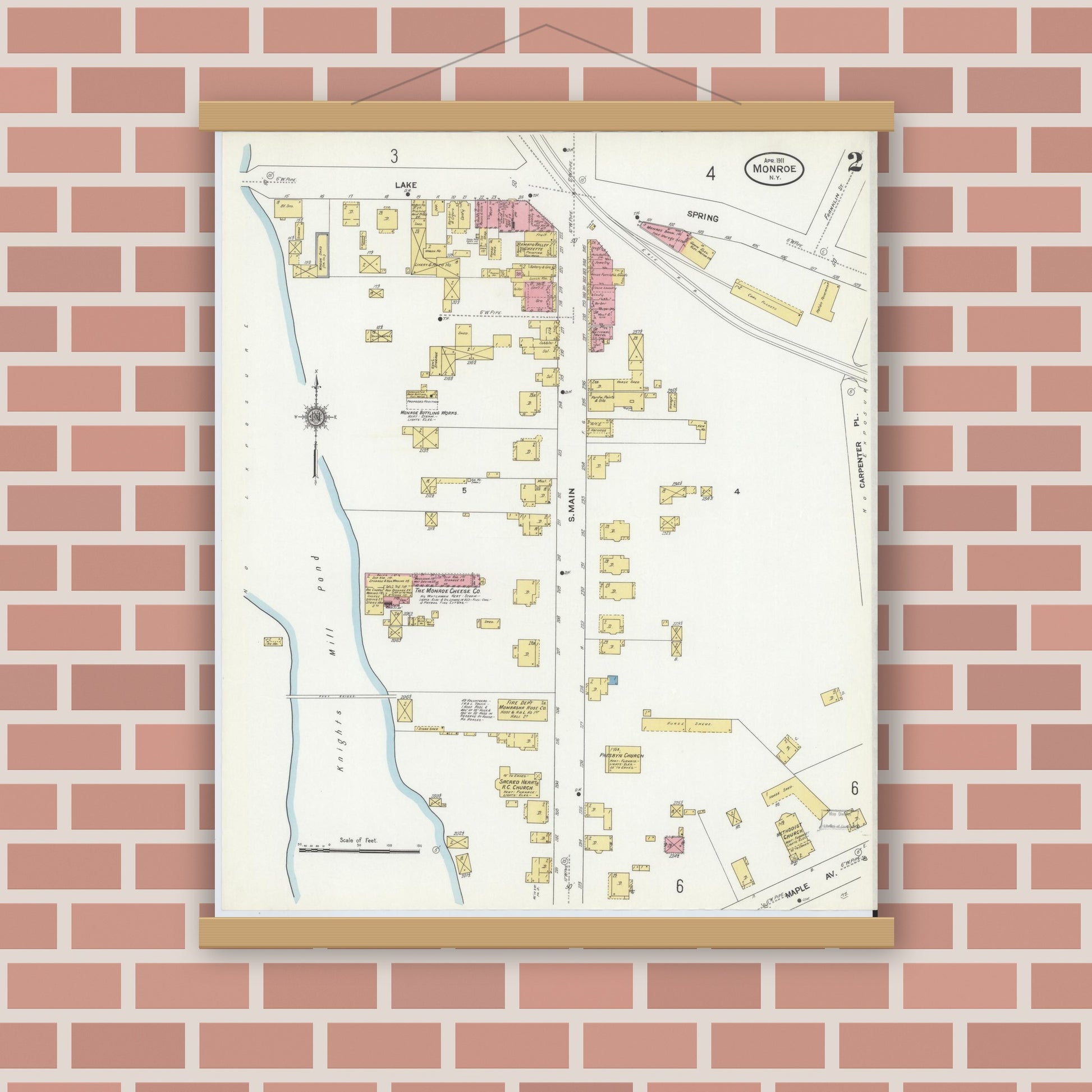 Old map wall art mockup — magnetic wood frame on brick wall — Sanborn Fire Insurance Map from Monroe, Orange County, New York (1911), Sheet #0002
