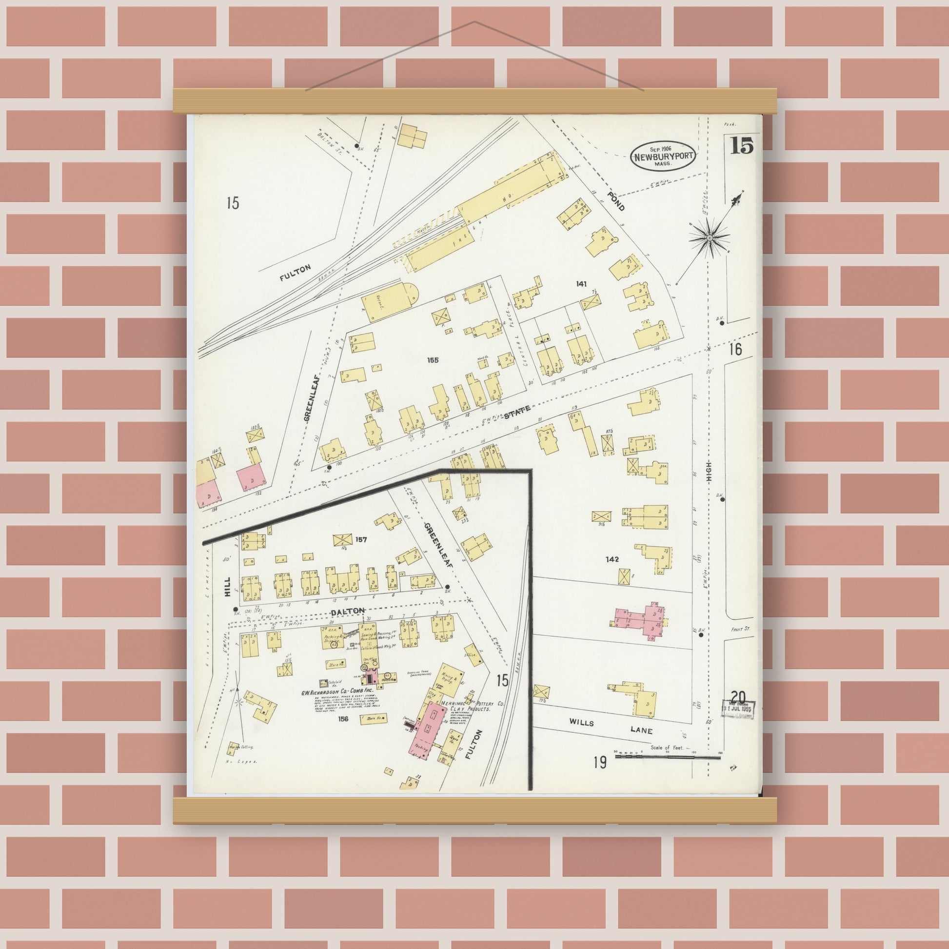 Old map wall art mockup — magnetic wood frame on brick wall — Sanborn Fire Insurance Map from Newburyport, Essex County, Massachusetts (1906), Sheet #0015