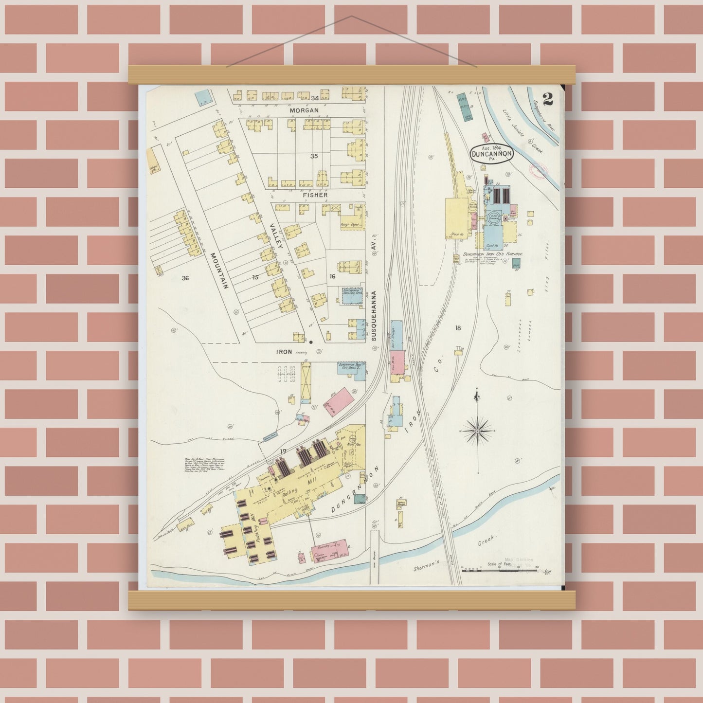 Old map wall art mockup — magnetic wood frame on brick wall — Sanborn Fire Insurance Map from Duncannon, Perry County, Pennsylvania (1894), Sheet #0002