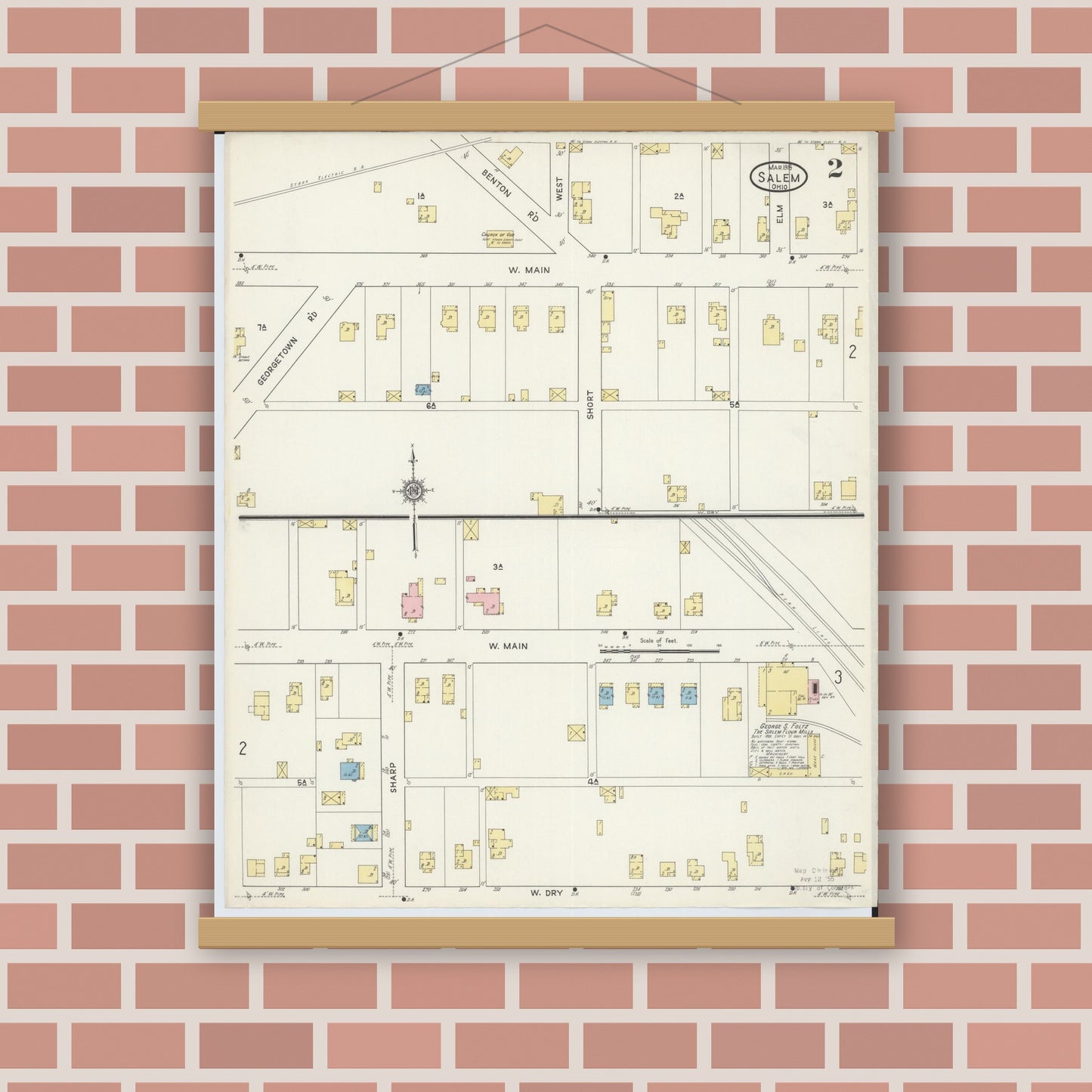 Old map wall art mockup — magnetic wood frame on brick wall — Sanborn Fire Insurance Map from Salem, Columbiana County, Ohio (1915), Sheet #0002