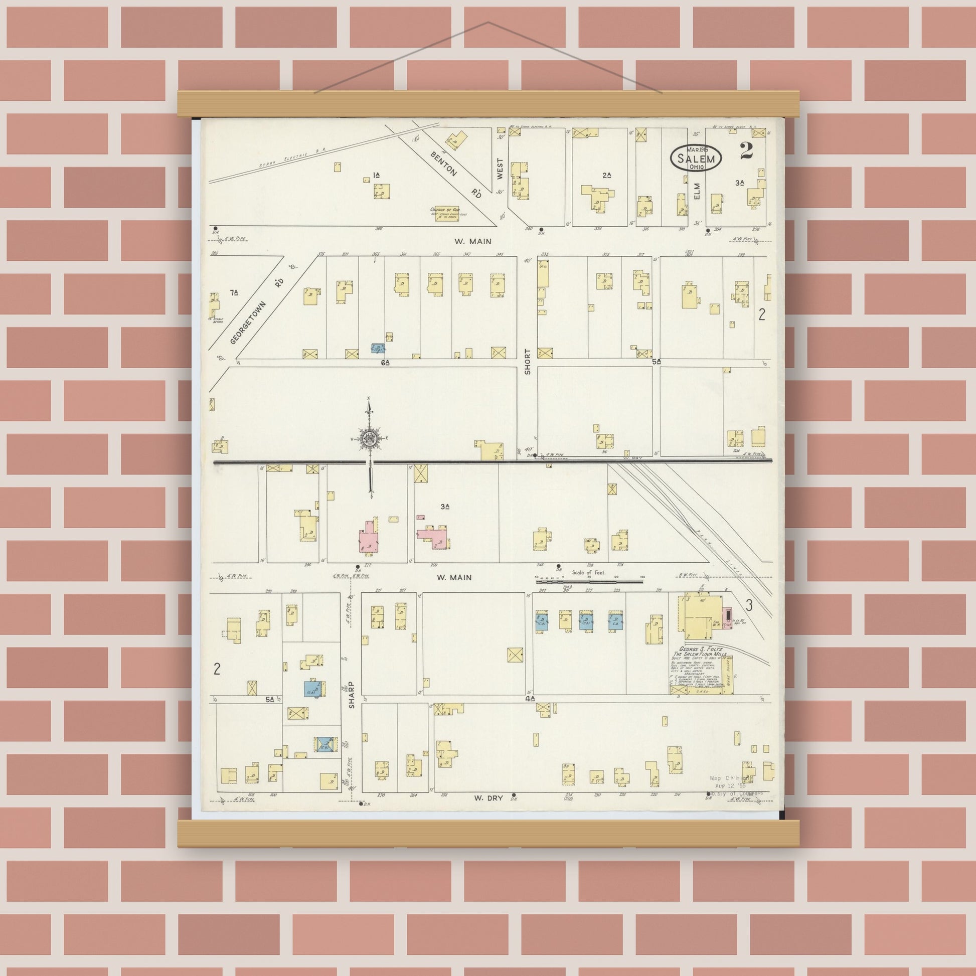 Old map wall art mockup — magnetic wood frame on brick wall — Sanborn Fire Insurance Map from Salem, Columbiana County, Ohio (1915), Sheet #0002