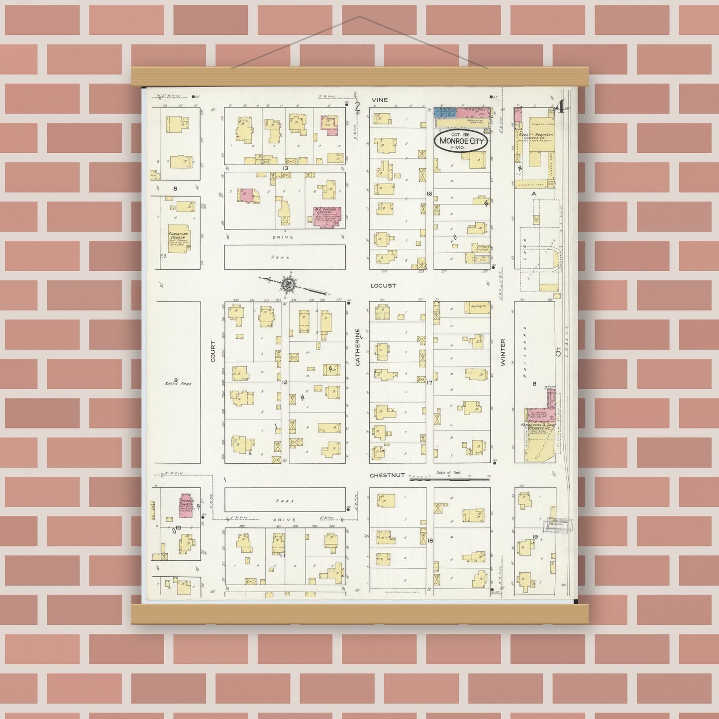 Old map wall art mockup — magnetic wood frame on brick wall — Sanborn Fire Insurance Map from Monroe City, Monroe County, Missouri (1916), Sheet #0004