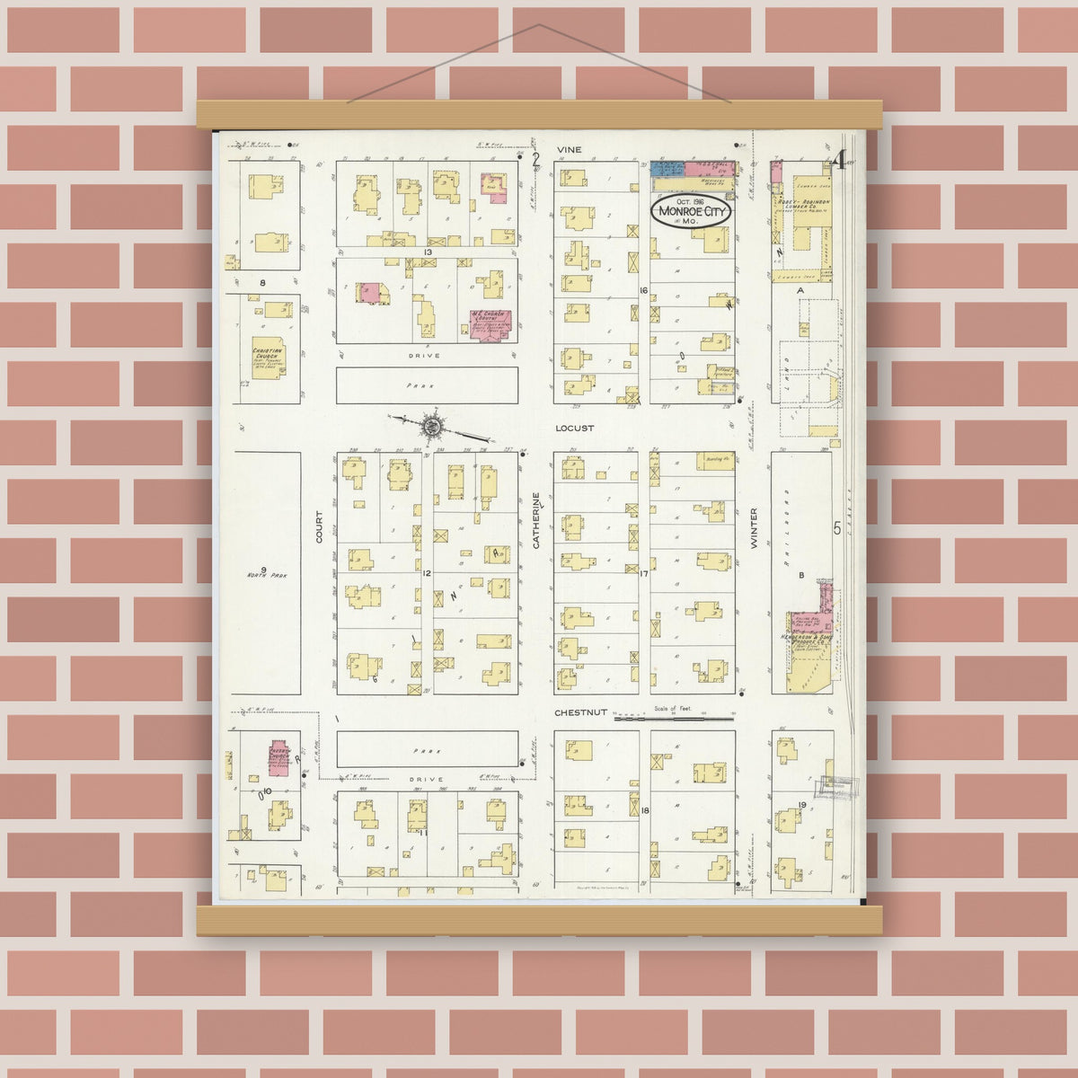 Old map wall art mockup — magnetic wood frame on brick wall — Sanborn Fire Insurance Map from Monroe City, Monroe County, Missouri (1916), Sheet #0004
