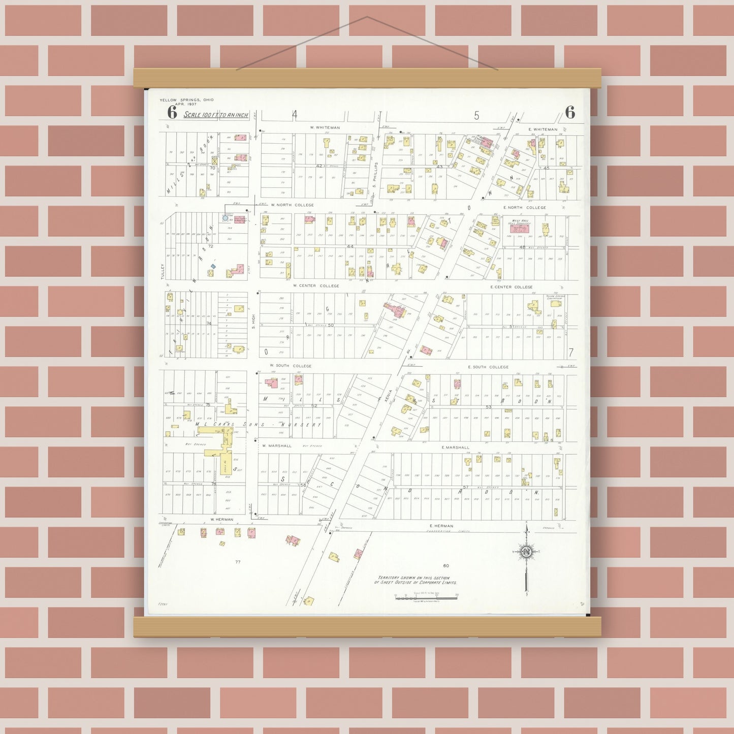 Old map wall art mockup — magnetic wood frame on brick wall — Sanborn Fire Insurance Map from Yellow Springs, Greene County, Ohio (1937), Sheet #0006