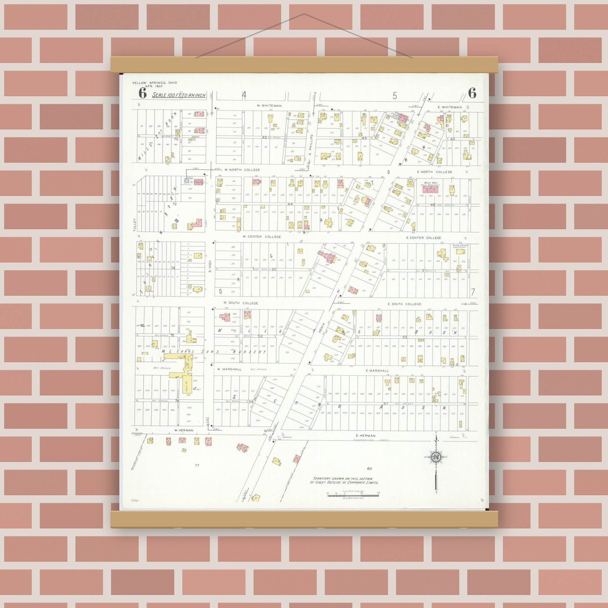 Old map wall art mockup — magnetic wood frame on brick wall — Sanborn Fire Insurance Map from Yellow Springs, Greene County, Ohio (1937), Sheet #0006