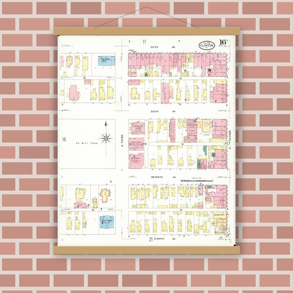 Old map wall art mockup — magnetic wood frame on brick wall — Sanborn Fire Insurance Map from Clinton, Clinton County, Iowa (1909), Sheet #0016
