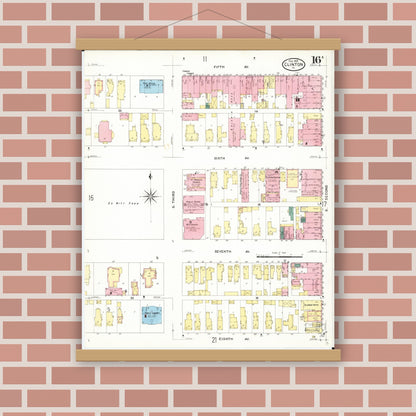 Old map wall art mockup — magnetic wood frame on brick wall — Sanborn Fire Insurance Map from Clinton, Clinton County, Iowa (1909), Sheet #0016