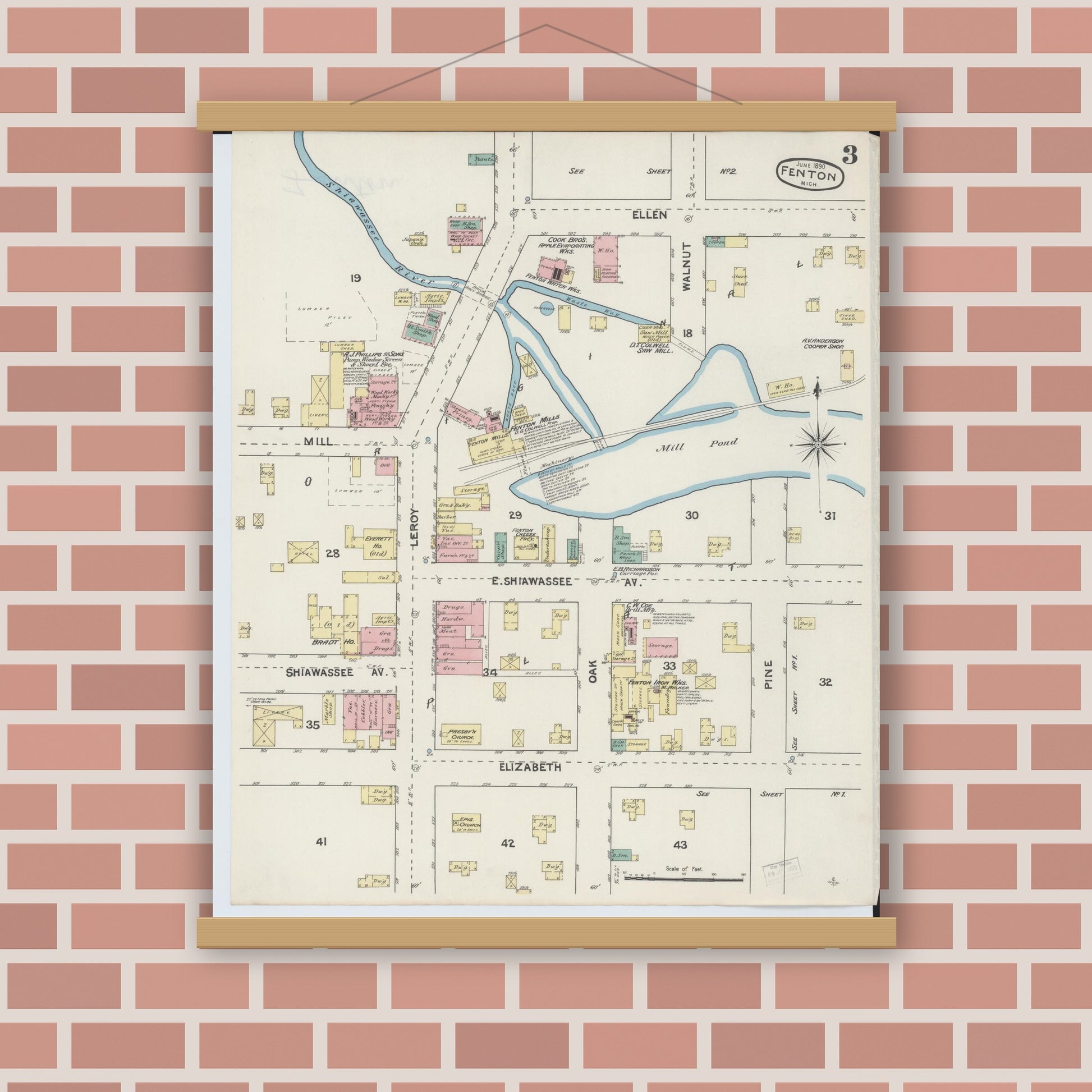 Old map wall art mockup — magnetic wood frame on brick wall — Sanborn Fire Insurance Map from Fenton, Genesee County, Michigan (1890), Sheet #0003