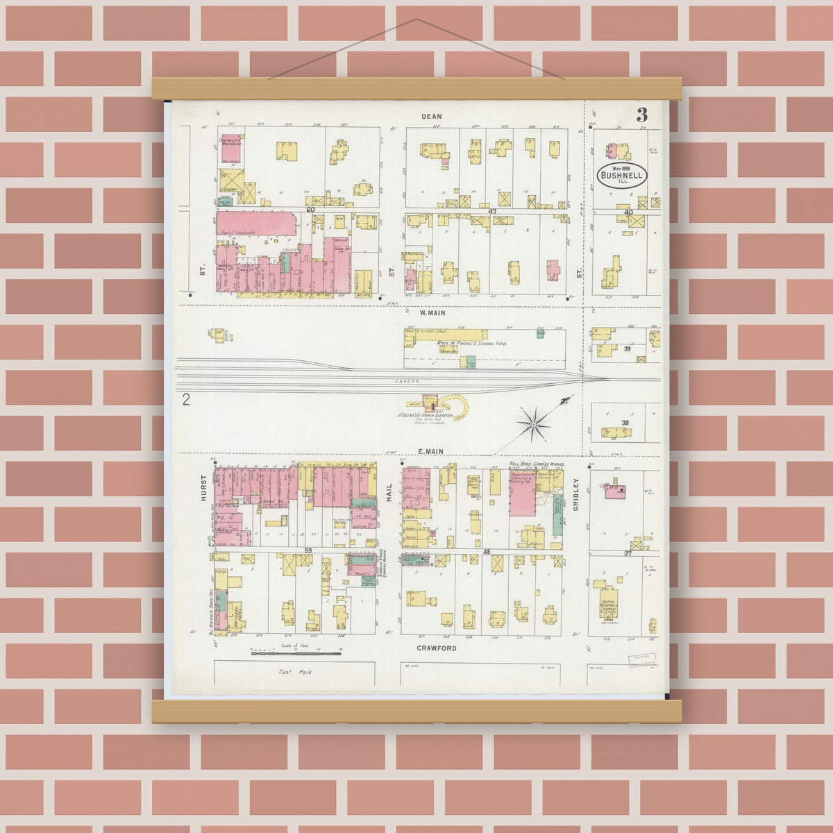 Old map wall art mockup — magnetic wood frame on brick wall — Sanborn Fire Insurance Map from Bushnell, Mcdonough County, Illinois (1898), Sheet #0003