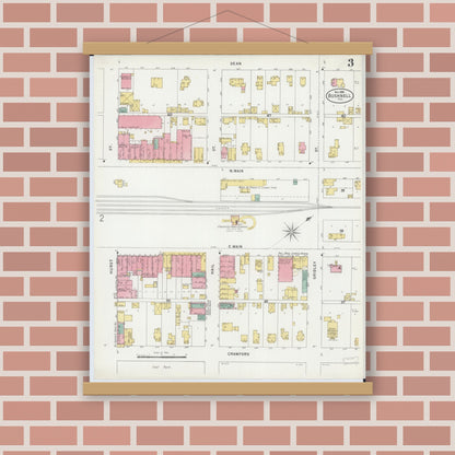 Old map wall art mockup — magnetic wood frame on brick wall — Sanborn Fire Insurance Map from Bushnell, Mcdonough County, Illinois (1898), Sheet #0003