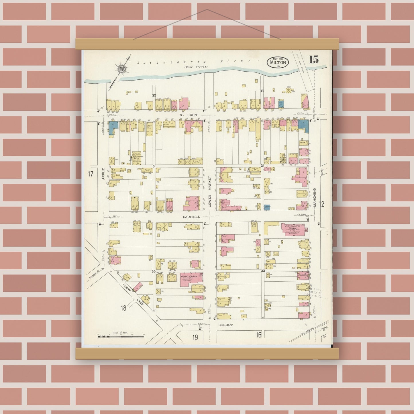 Old map wall art mockup — magnetic wood frame on brick wall — Sanborn Fire Insurance Map from Milton, Northumberland County, Pennsylvania (1913), Sheet #0015