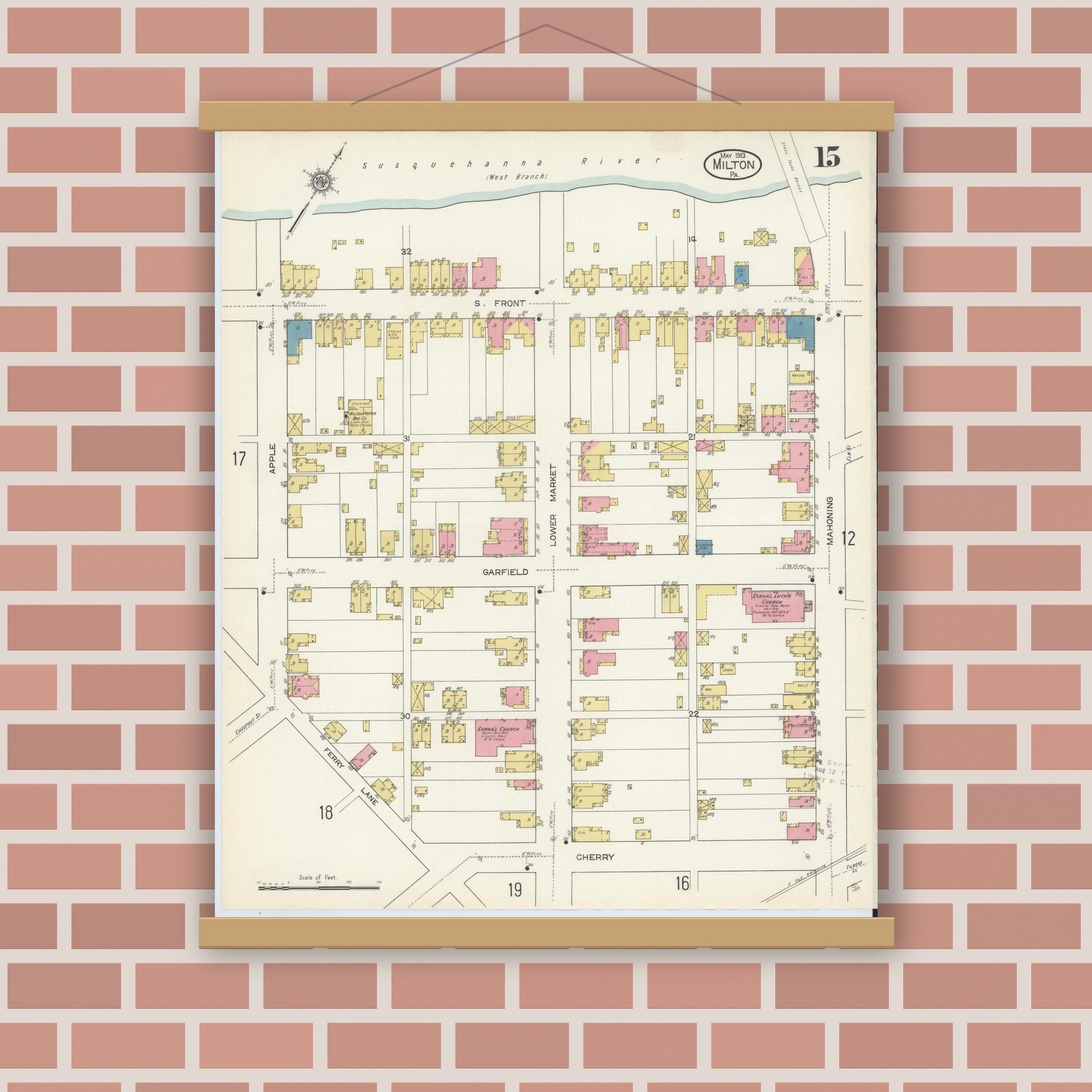 Old map wall art mockup — magnetic wood frame on brick wall — Sanborn Fire Insurance Map from Milton, Northumberland County, Pennsylvania (1913), Sheet #0015