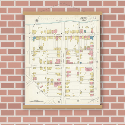 Old map wall art mockup — magnetic wood frame on brick wall — Sanborn Fire Insurance Map from Milton, Northumberland County, Pennsylvania (1913), Sheet #0015