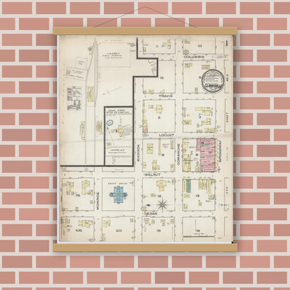 Old map wall art mockup — magnetic wood frame on brick wall — Sanborn Fire Insurance Map from Clarksville, Red River County, Texas (1885) - Complete Map Set