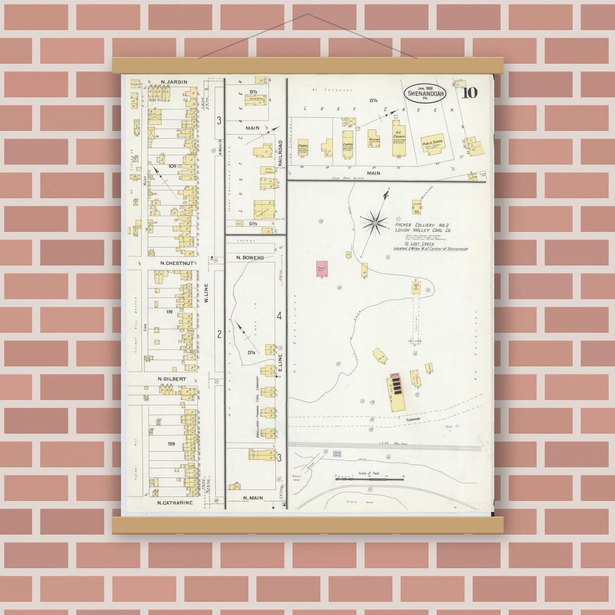 Old map wall art mockup — magnetic wood frame on brick wall — Sanborn Fire Insurance Map from Shenandoah, Schuylkill County, Pennsylvania (1908), Sheet #0010
