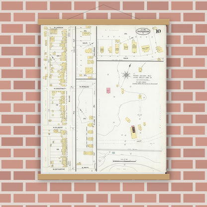 Old map wall art mockup — magnetic wood frame on brick wall — Sanborn Fire Insurance Map from Shenandoah, Schuylkill County, Pennsylvania (1908), Sheet #0010