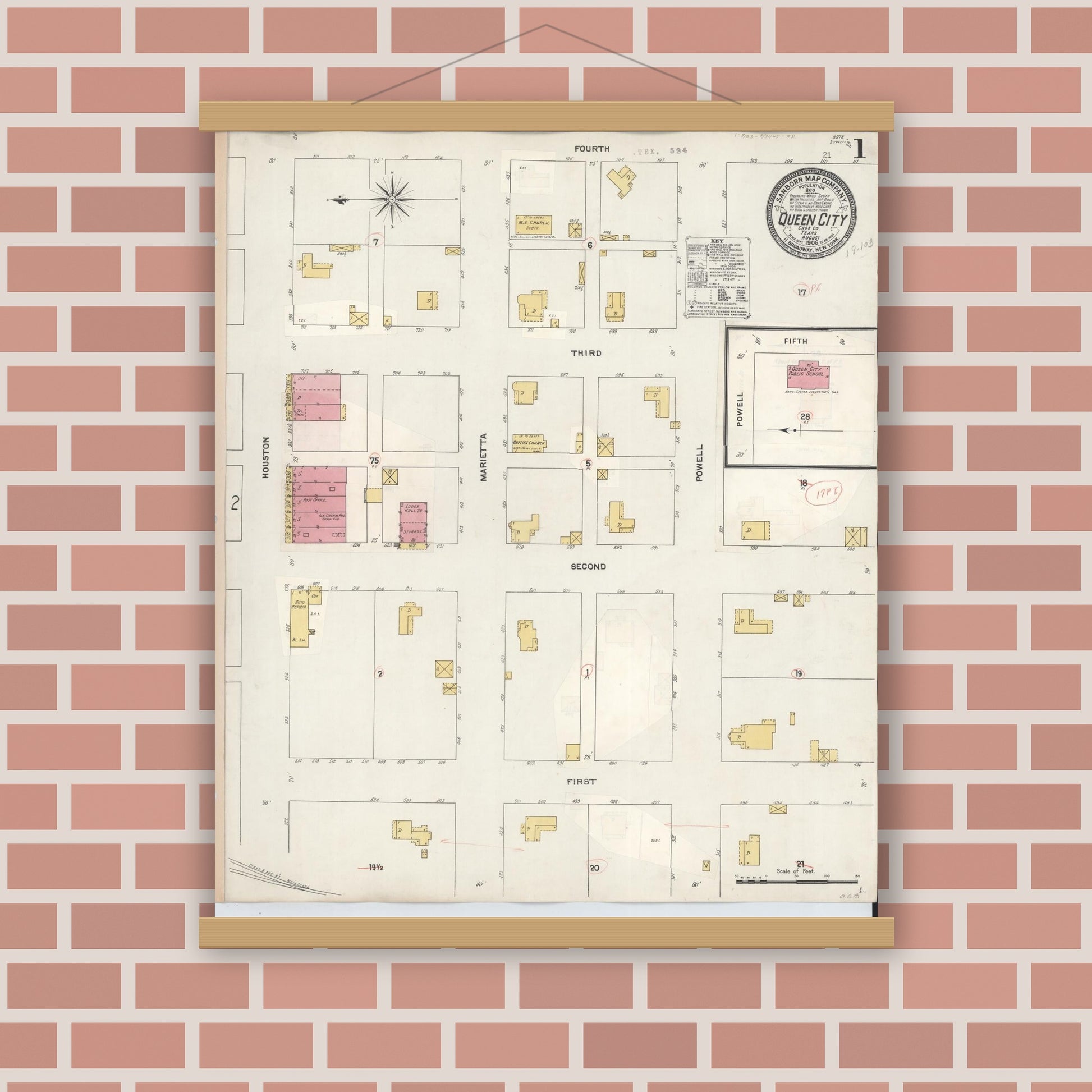 Old map wall art mockup — magnetic wood frame on brick wall — Sanborn Fire Insurance Map from Queen City, Cass County, Texas (1923), Sheet #0001