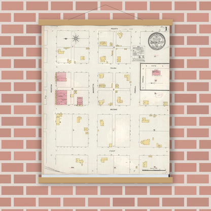 Old map wall art mockup — magnetic wood frame on brick wall — Sanborn Fire Insurance Map from Queen City, Cass County, Texas (1923), Sheet #0001