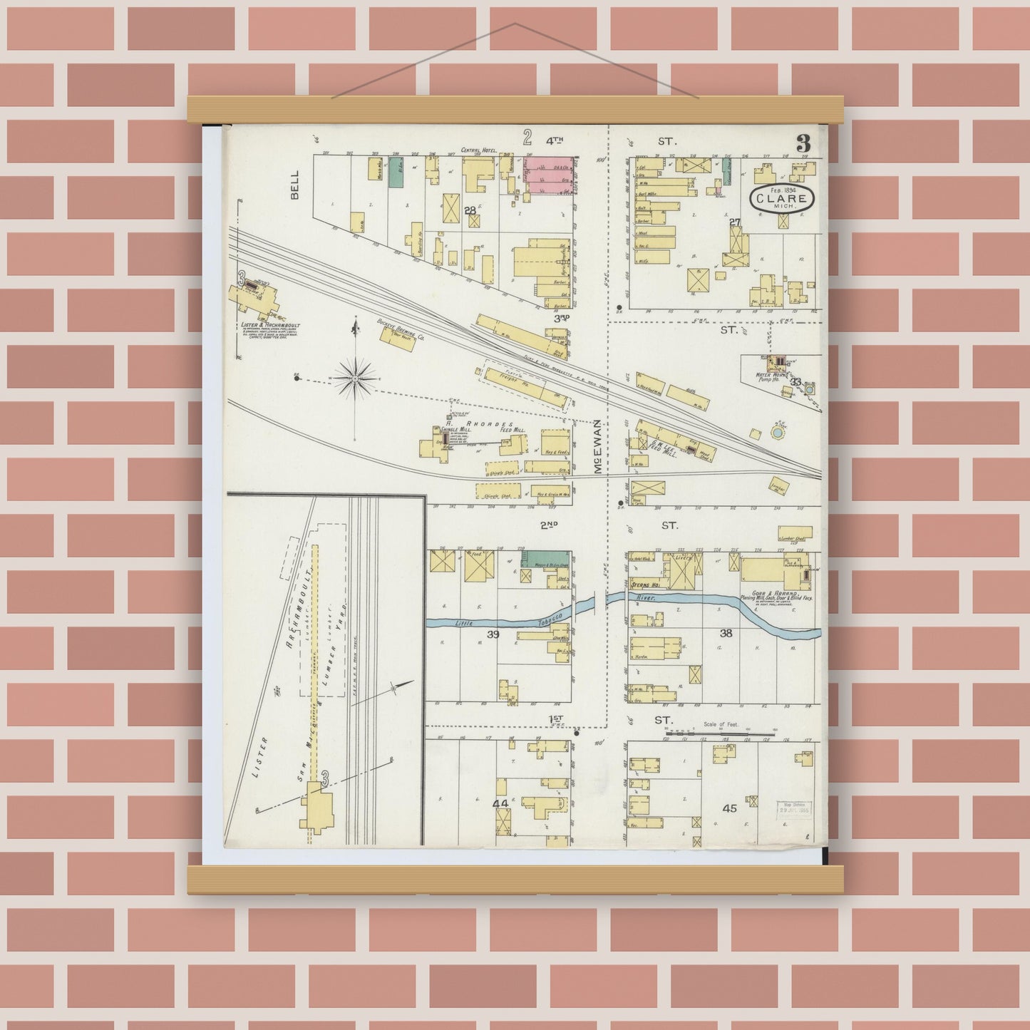 Old map wall art mockup — magnetic wood frame on brick wall — Sanborn Fire Insurance Map from Clare, Clare County, Michigan (1894), Sheet #0003