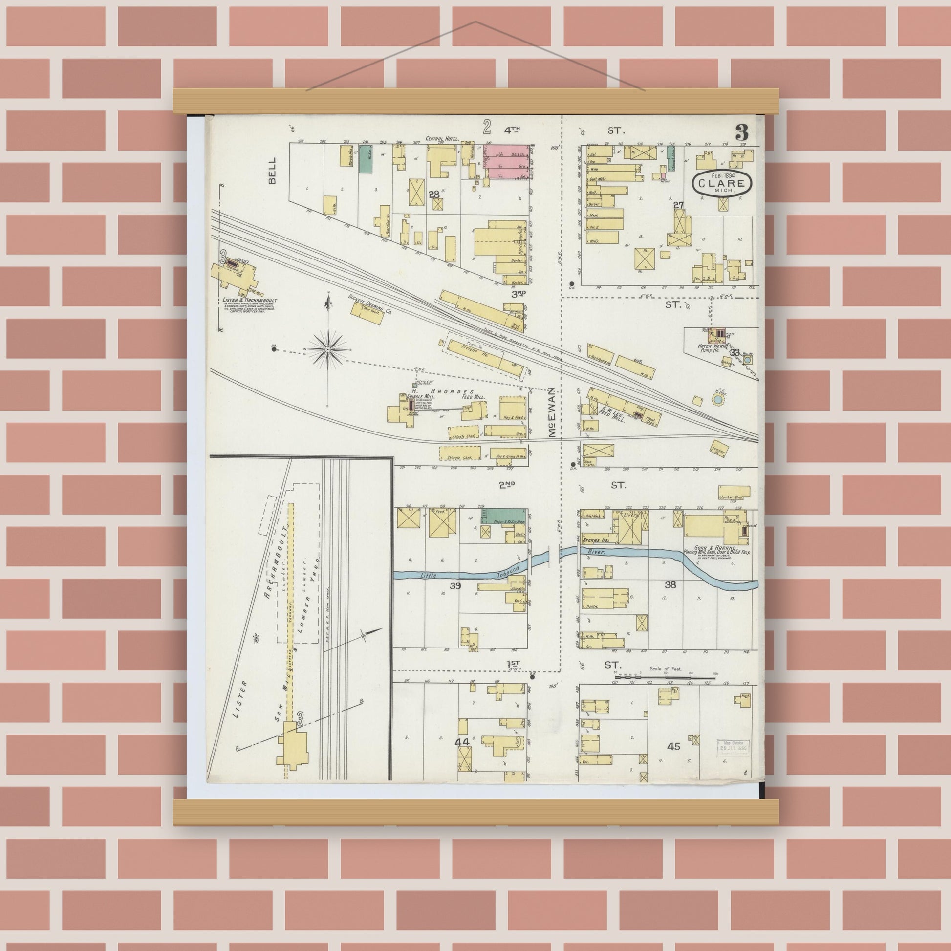 Old map wall art mockup — magnetic wood frame on brick wall — Sanborn Fire Insurance Map from Clare, Clare County, Michigan (1894), Sheet #0003