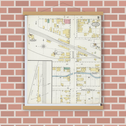 Old map wall art mockup — magnetic wood frame on brick wall — Sanborn Fire Insurance Map from Clare, Clare County, Michigan (1894), Sheet #0003