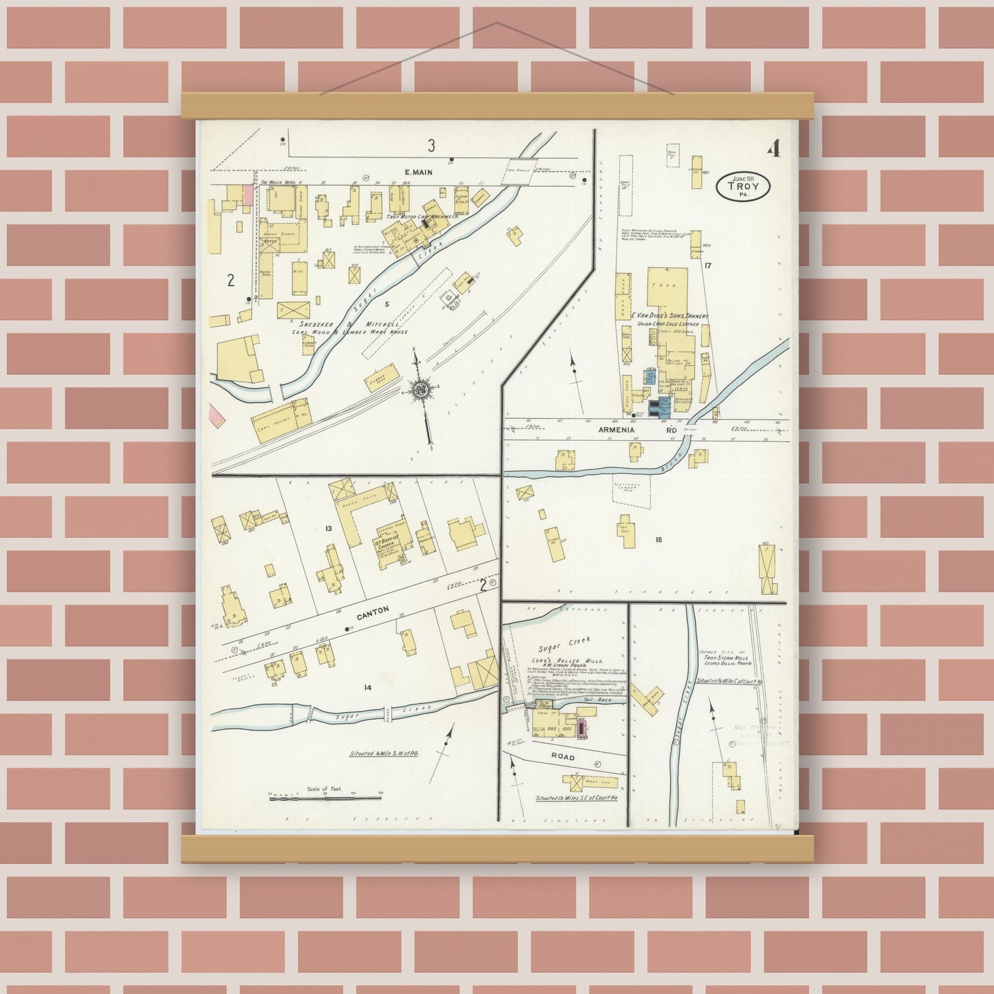 Old map wall art mockup — magnetic wood frame on brick wall — Sanborn Fire Insurance Map from Troy, Bradford County, Pennsylvania (1911), Sheet #0004