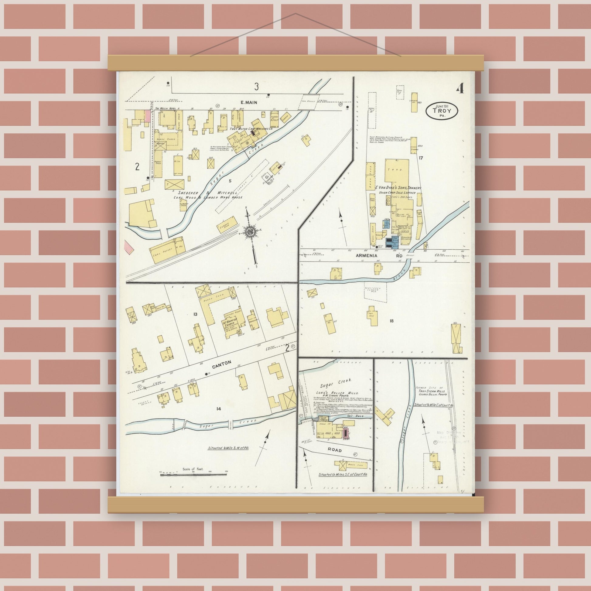 Old map wall art mockup — magnetic wood frame on brick wall — Sanborn Fire Insurance Map from Troy, Bradford County, Pennsylvania (1911), Sheet #0004