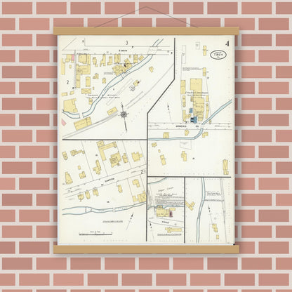 Old map wall art mockup — magnetic wood frame on brick wall — Sanborn Fire Insurance Map from Troy, Bradford County, Pennsylvania (1911), Sheet #0004