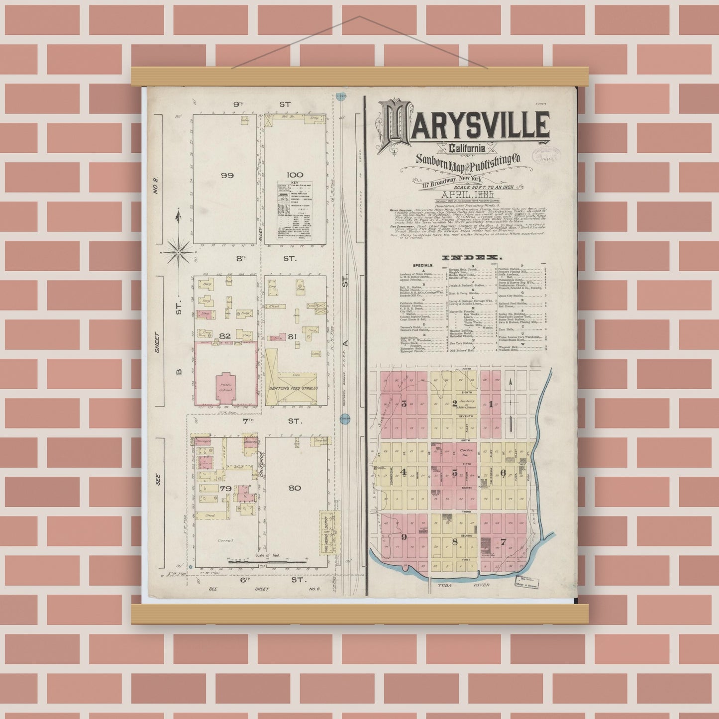 Old map wall art mockup — magnetic wood frame on brick wall — Sanborn Fire Insurance Map from Marysville, Yuba County, California (1885), Sheet #0001