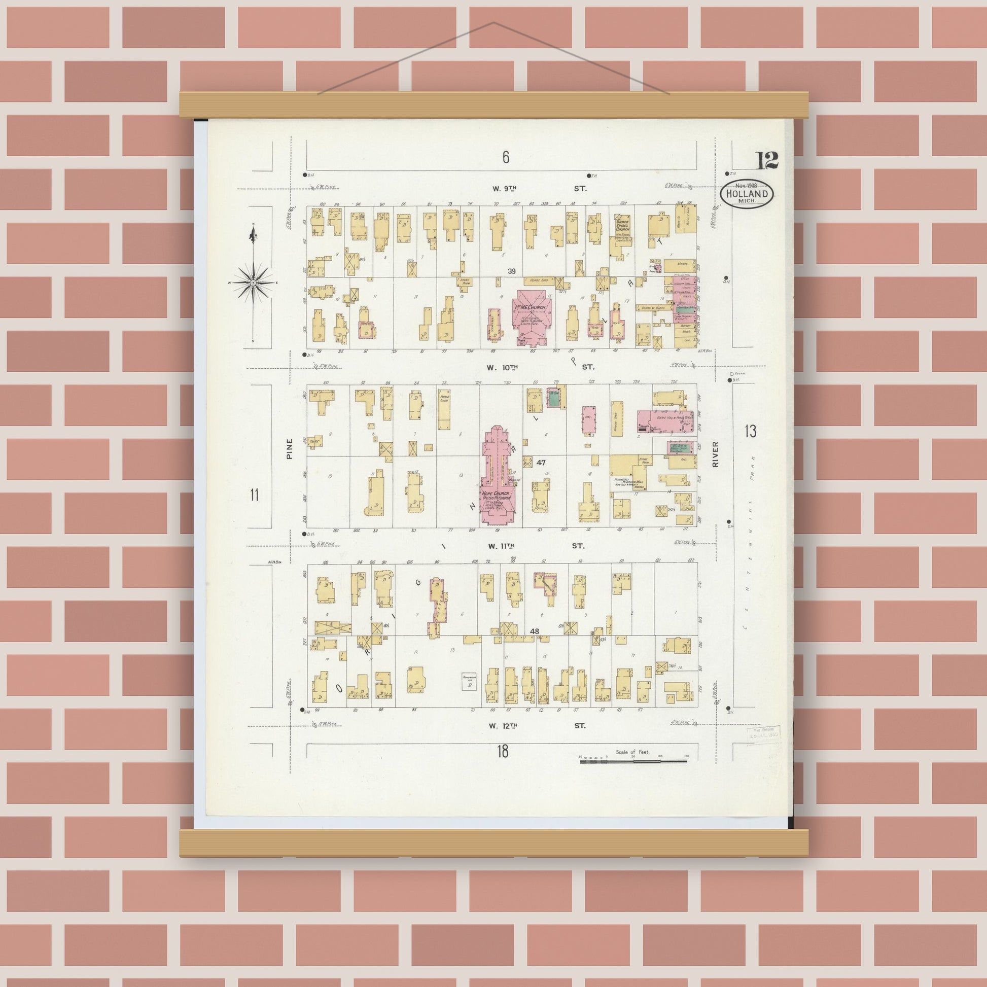 Old map wall art mockup — magnetic wood frame on brick wall — Sanborn Fire Insurance Map from Holland, Ottawa County, Michigan (1908), Sheet #0012