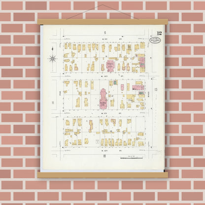 Old map wall art mockup — magnetic wood frame on brick wall — Sanborn Fire Insurance Map from Holland, Ottawa County, Michigan (1908), Sheet #0012