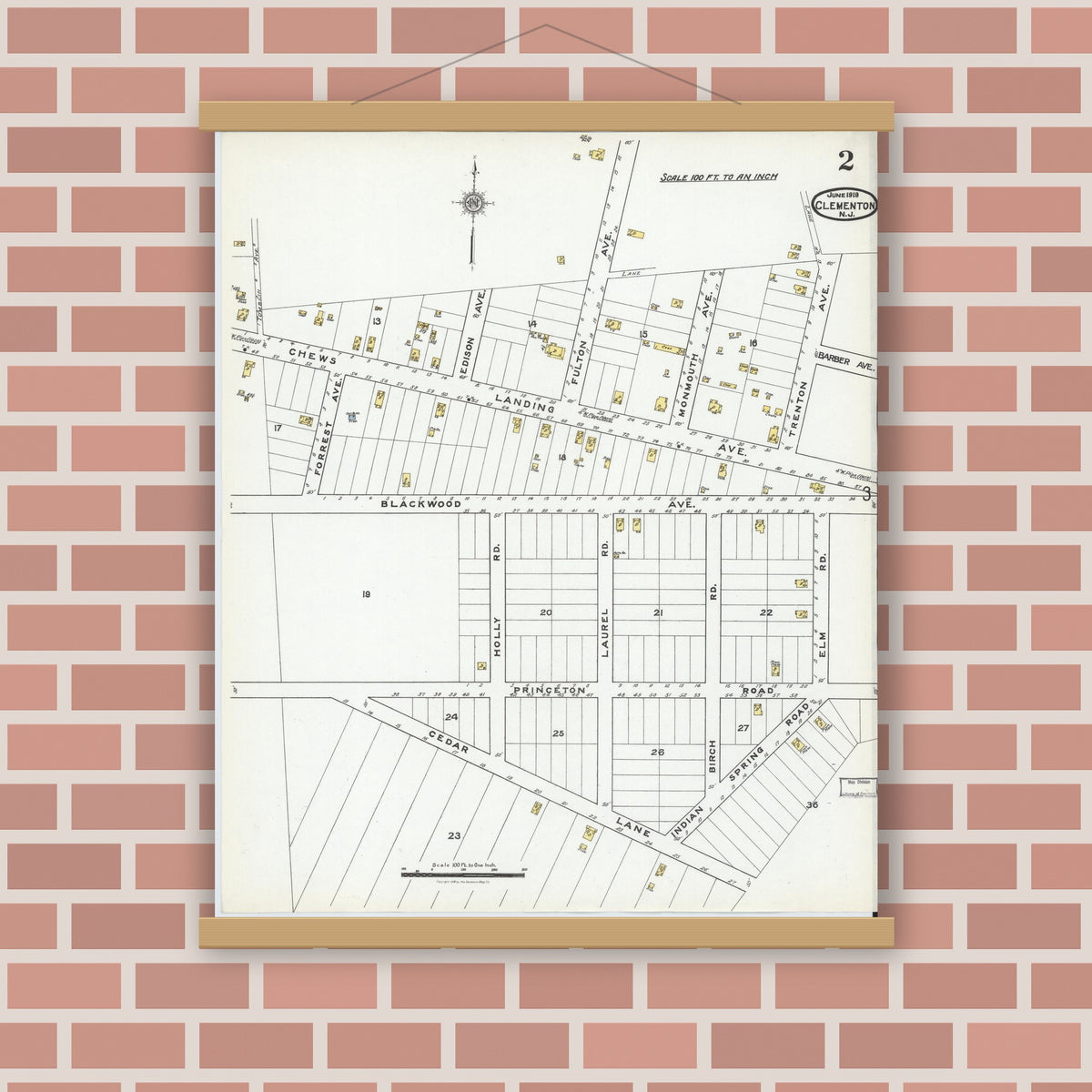 Old map wall art mockup — magnetic wood frame on brick wall — Sanborn Fire Insurance Map from Clementon, Camden County, New Jersey (1919), Sheet #0002