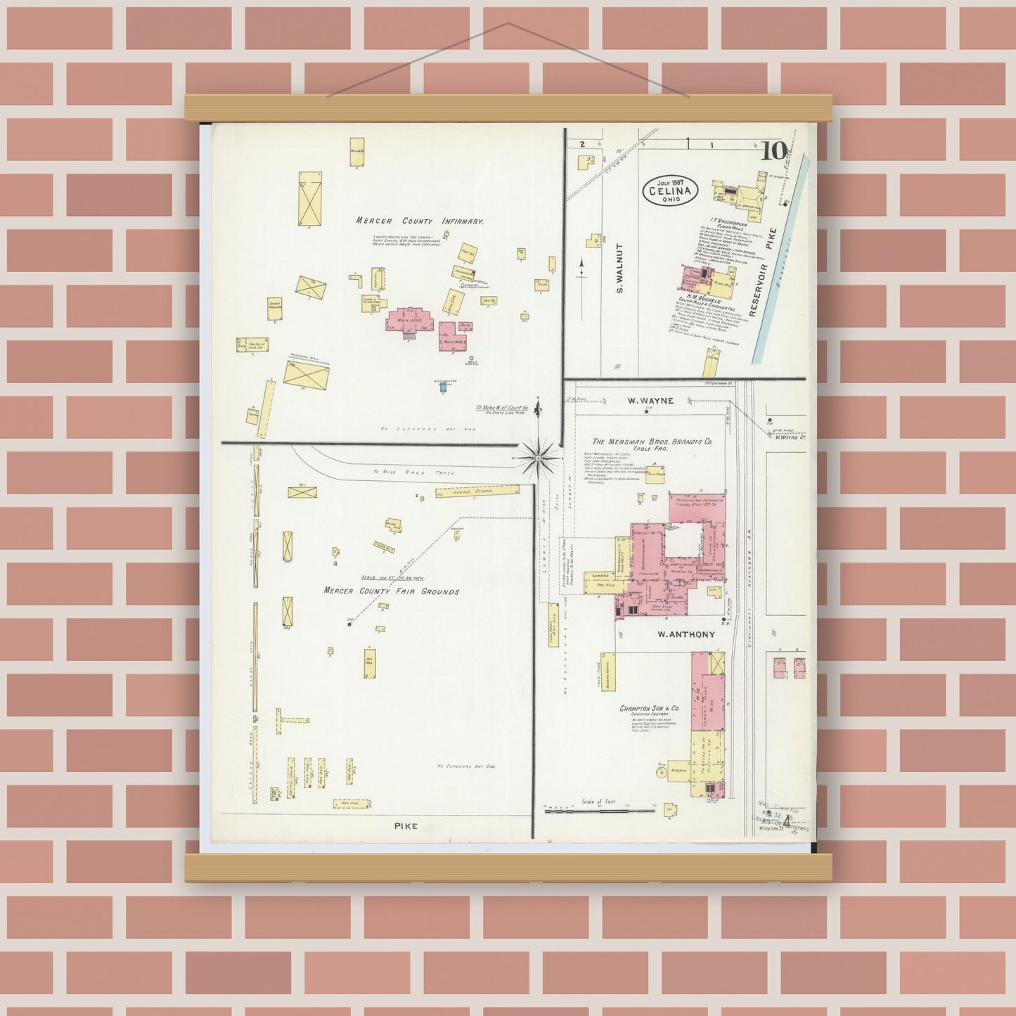 Old map wall art mockup — magnetic wood frame on brick wall — Sanborn Fire Insurance Map from Celina, Mercer County, Ohio (1907), Sheet #0010