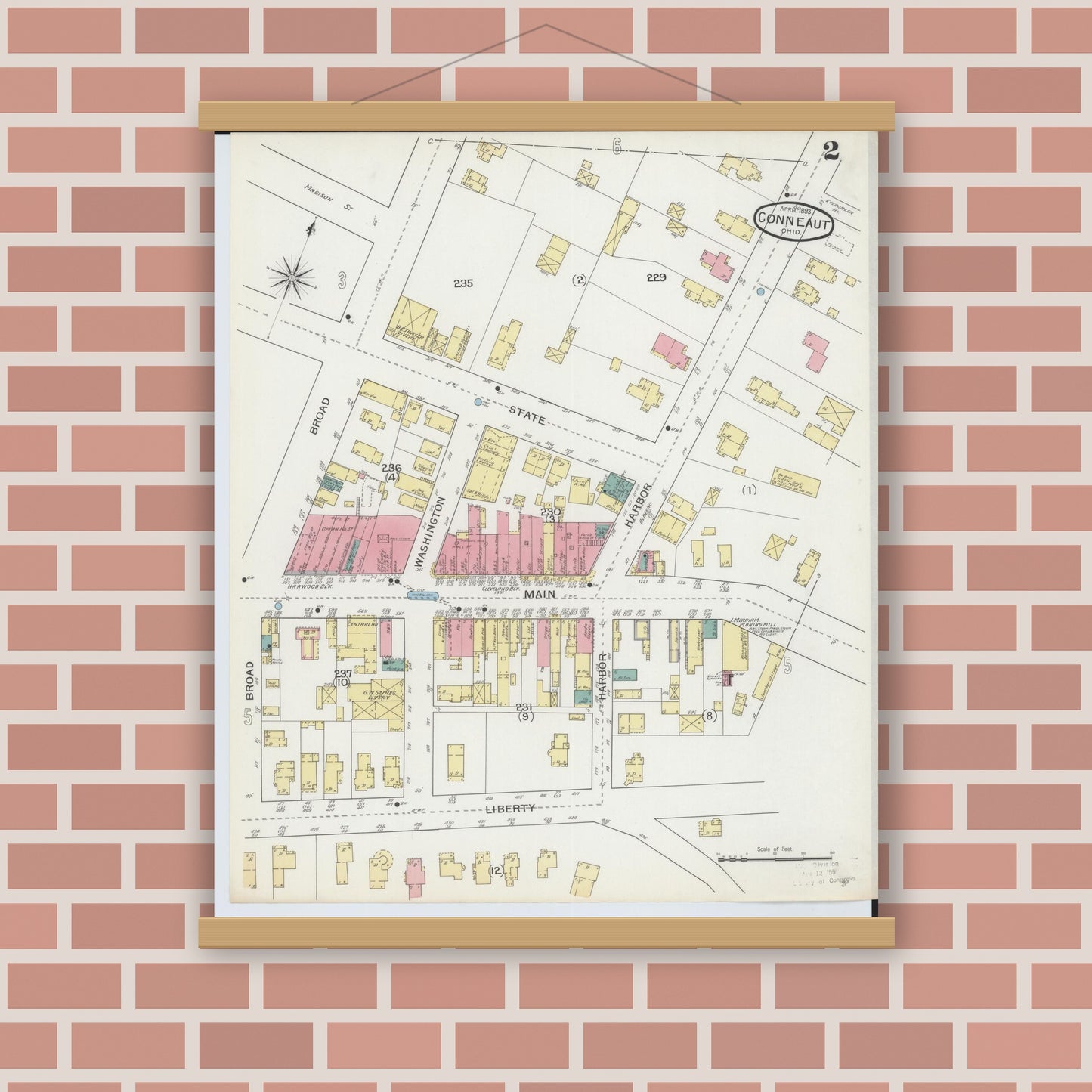 Old map wall art mockup — magnetic wood frame on brick wall — Sanborn Fire Insurance Map from Conneaut, Ashtabula County, Ohio (1893), Sheet #0002
