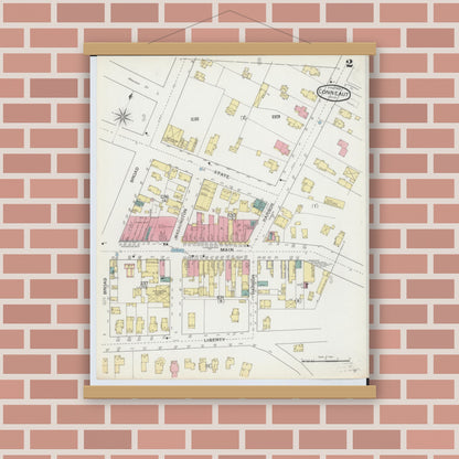 Old map wall art mockup — magnetic wood frame on brick wall — Sanborn Fire Insurance Map from Conneaut, Ashtabula County, Ohio (1893), Sheet #0002