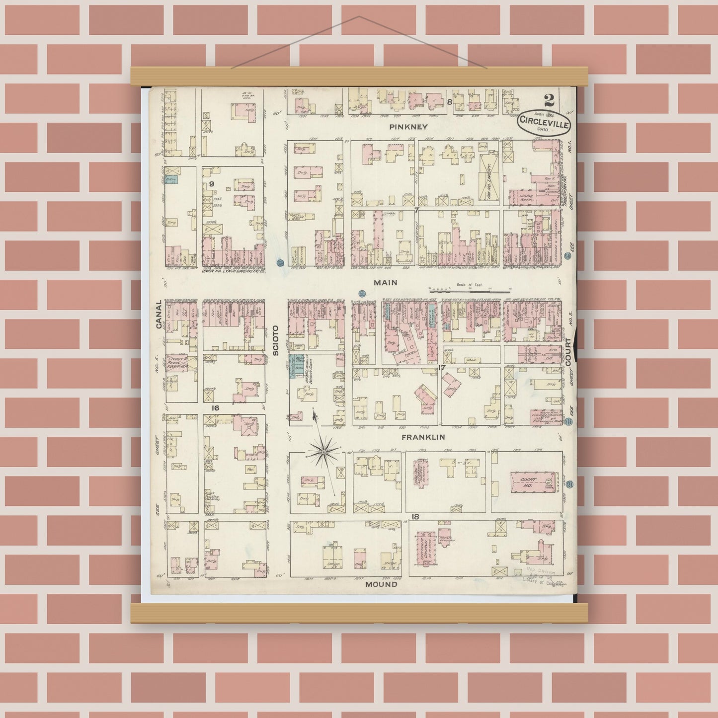 Old map wall art mockup — magnetic wood frame on brick wall — Sanborn Fire Insurance Map from Circleville, Pickaway County, Ohio (1884), Sheet #0002