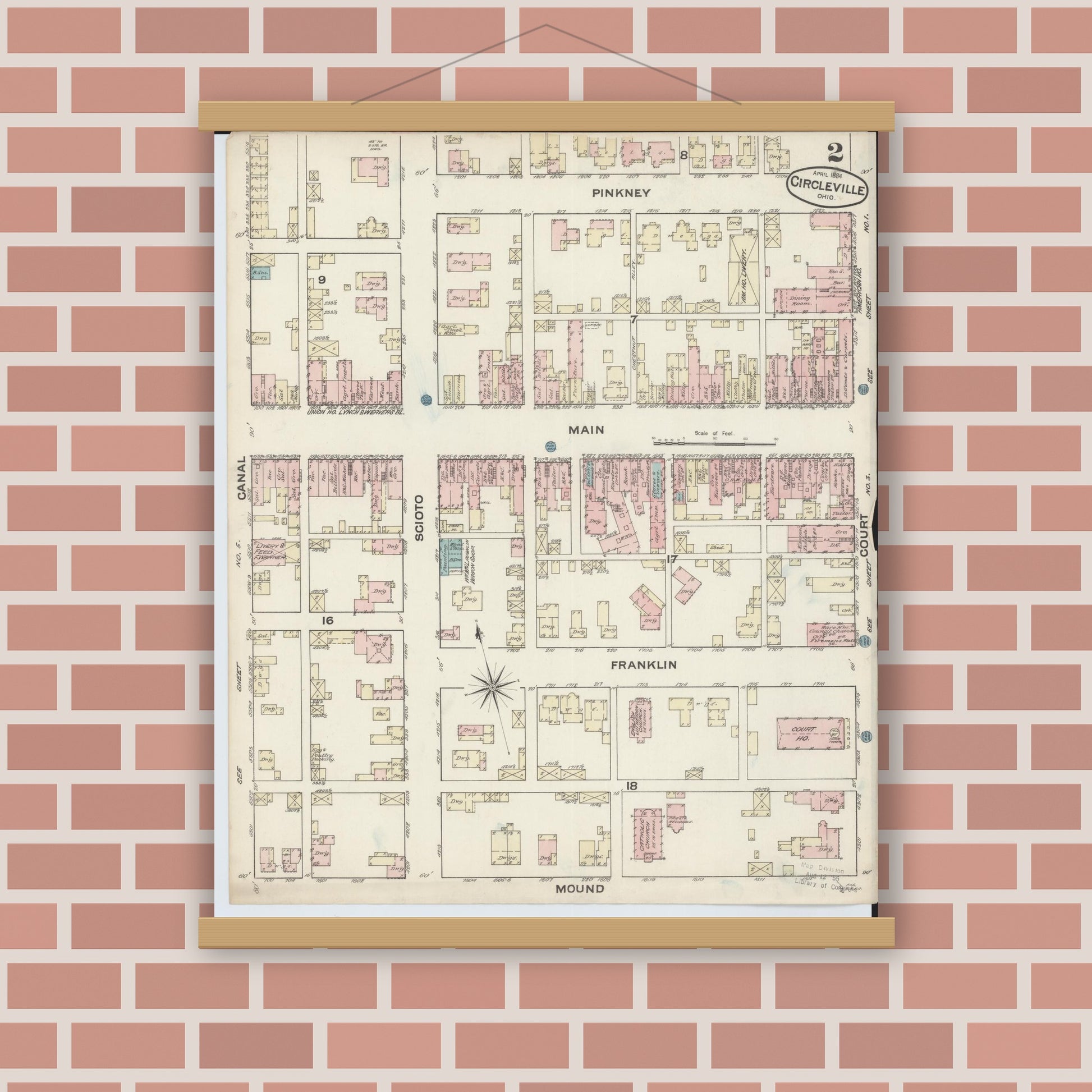 Old map wall art mockup — magnetic wood frame on brick wall — Sanborn Fire Insurance Map from Circleville, Pickaway County, Ohio (1884), Sheet #0002