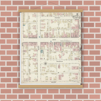 Old map wall art mockup — magnetic wood frame on brick wall — Sanborn Fire Insurance Map from Circleville, Pickaway County, Ohio (1884), Sheet #0002